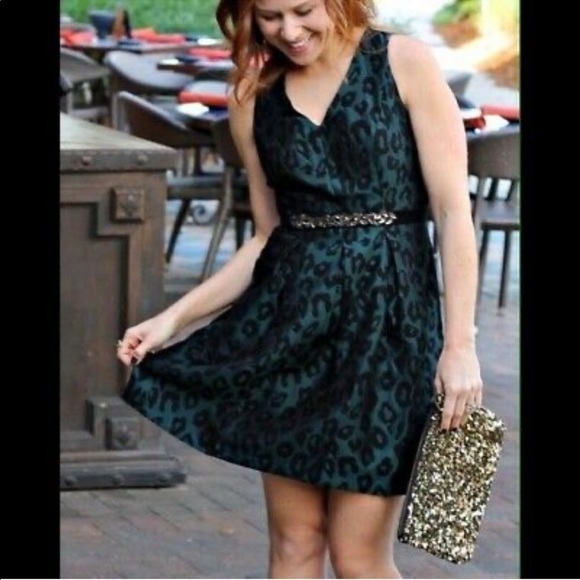 Emerald green black leopard a line cocktail event semi formal dress 2p loft nwt - Picture 6 of 9